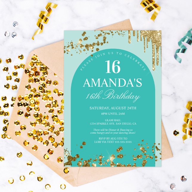 Invitación Cumpleaños con Drip Brillante de Turquesa y Dorado (Subido por el creador)
