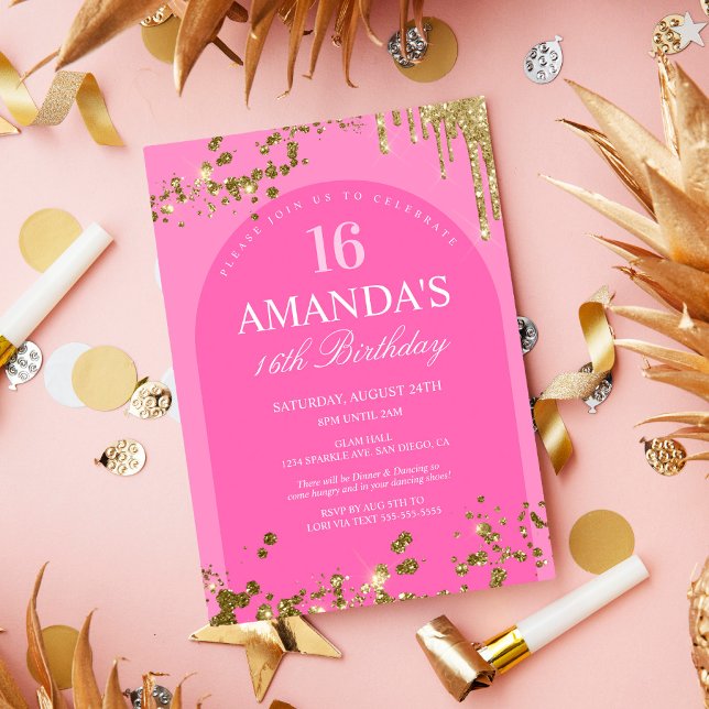 Invitación Cumpleaños con Drip Brillante Rosa y Dorado de Mod (Subido por el creador)