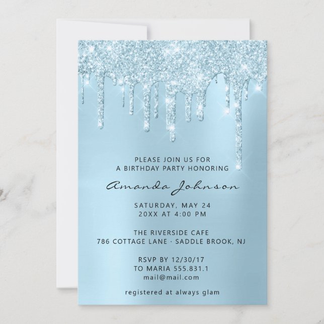Invitación Cumpleaños con efecto de brillo de cielo azul gris (Anverso)