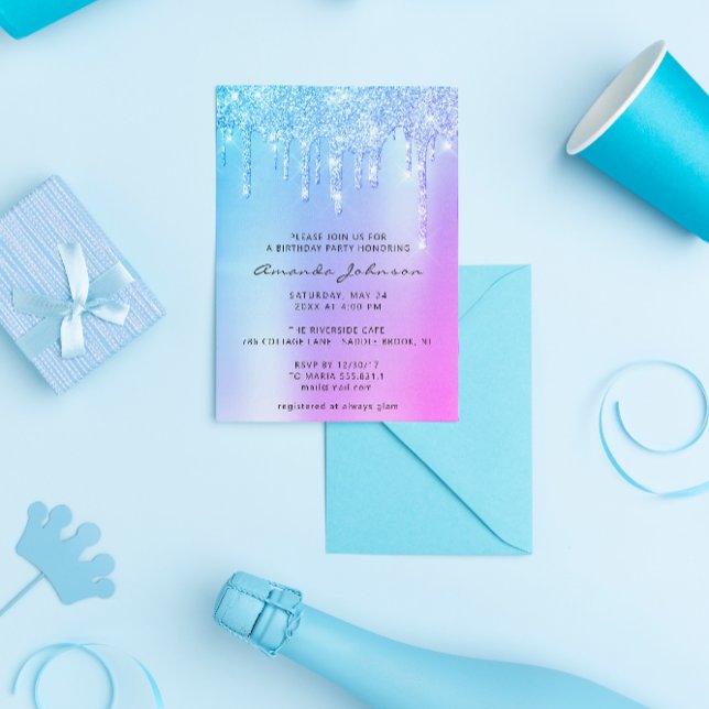 Invitación Cumpleaños con efecto de goteo holográfico rosa az (Subido por el creador)