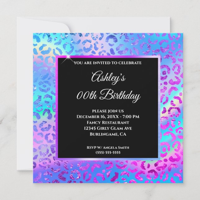 Invitación Cumpleaños con efecto iridiscente de arcoíris y le (Anverso)