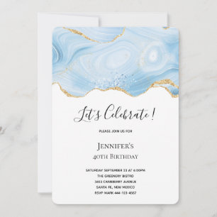 Invitación Cumpleaños con elegante fondo de ágata azul y dora