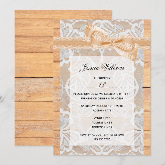 Invitación Cumpleaños con encaje, cinta y lazo elegantes (Anverso / Reverso)