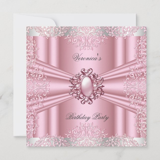 Invitación Cumpleaños con encaje de Damasco rosa perla y diam (Anverso)