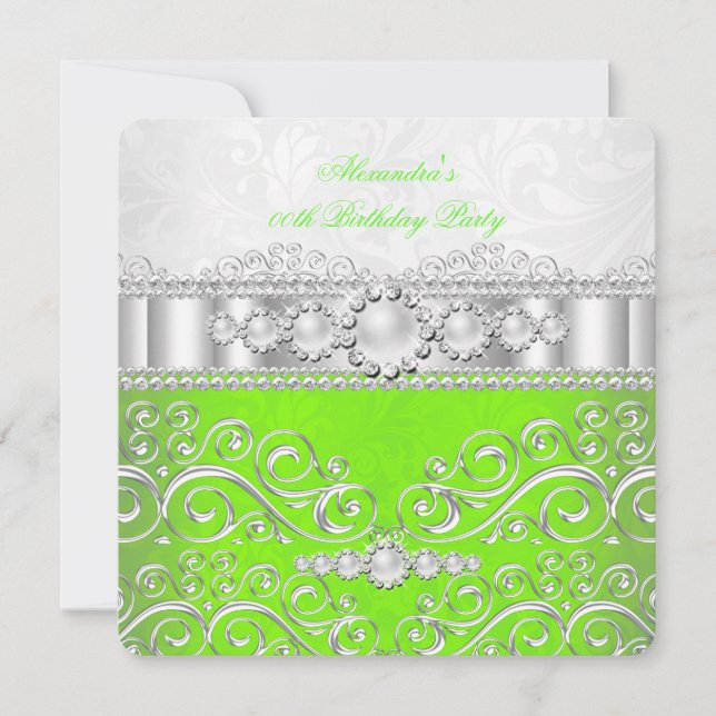 Invitación Cumpleaños con encaje plateado y verde lima blanco (Anverso)