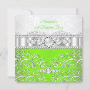 Invitación Cumpleaños con encaje plateado y verde lima blanco