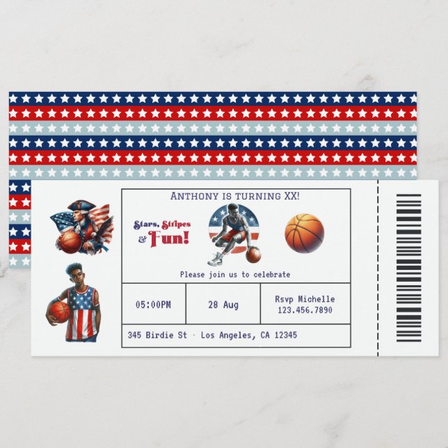 Invitación Cumpleaños con Entrada de Baloncesto Patriótico US (Anverso / Reverso)