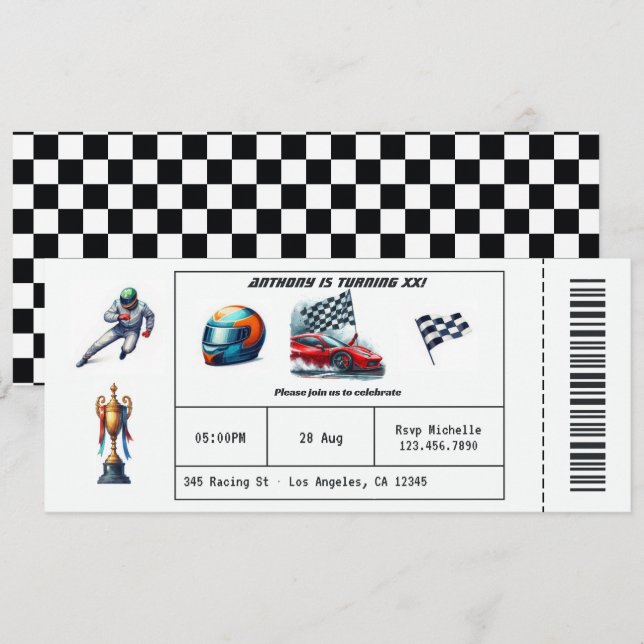 Invitación Cumpleaños con Entrada de Coche de Carreras (Anverso / Reverso)