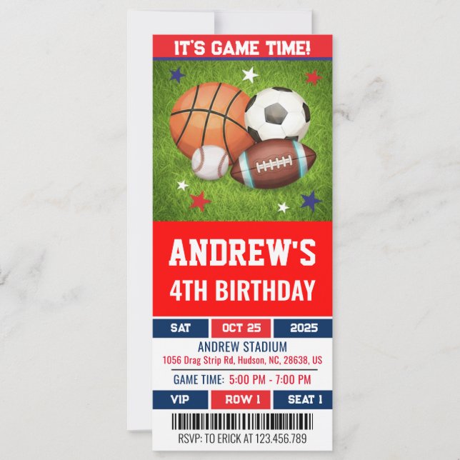 Invitación Cumpleaños con Entrada Personalizada de Deportes A (Anverso)