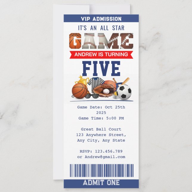 Invitación Cumpleaños con Entrada Personalizada de Deportes E (Anverso)