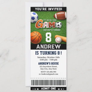 Invitación Cumpleaños con Entrada Personalizada de Deportes E