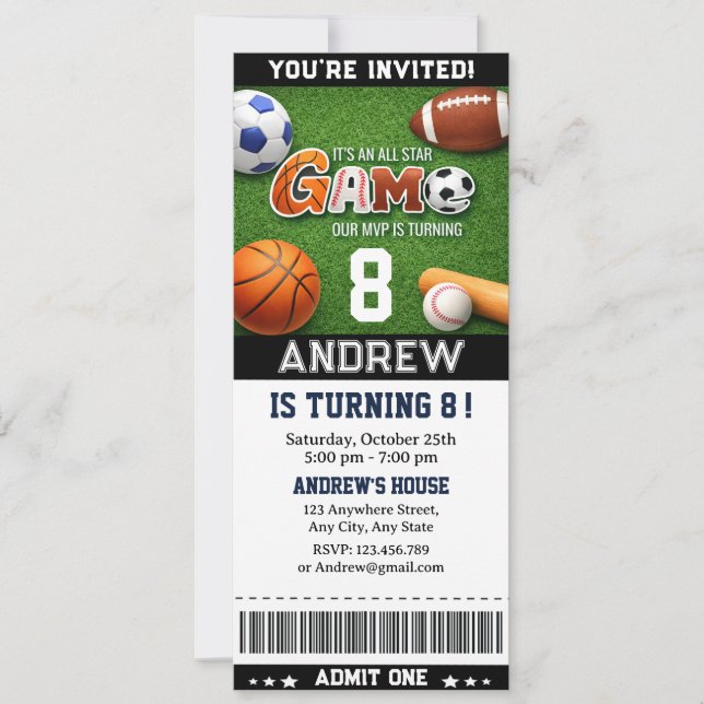 Invitación Cumpleaños con Entrada Personalizada de Deportes E (Anverso)