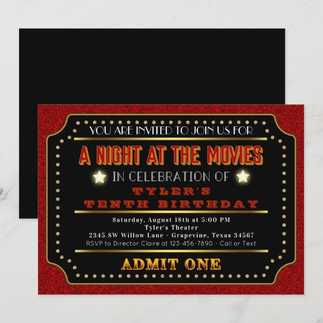 Invitación Cumpleaños con Entradas de Cine (Anverso / Reverso)