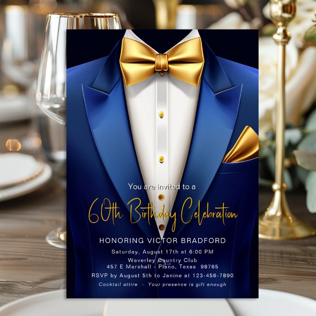 Invitación Cumpleaños con Esmoquin Dorado Azul Real para Cual (Any number birthday and event invitation featuring a classy blue and gold tuxedo suit design.)