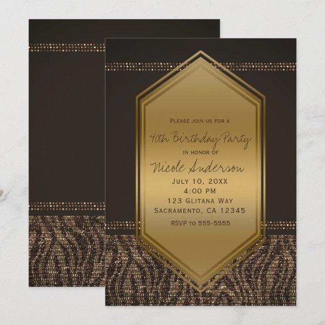 Invitación Cumpleaños con Estampado de Cebra Dorado Marrón pa (Anverso / Reverso)