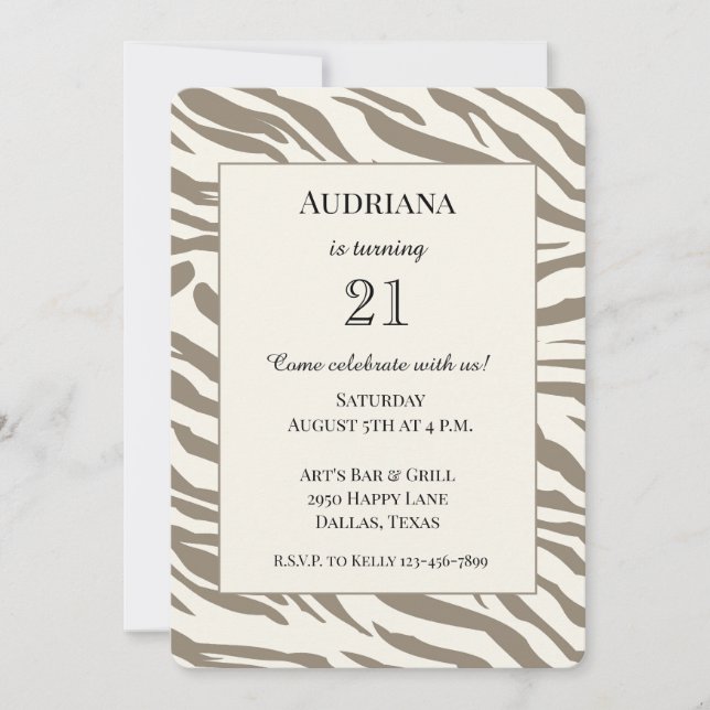 Invitación Cumpleaños con estampado de cebra marrón crema bla (Anverso)