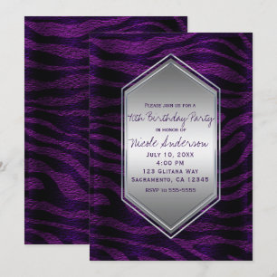 Invitación Cumpleaños con Estampado de Cebra Negro Morado Cua