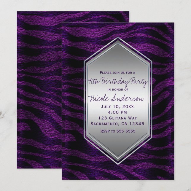 Invitación Cumpleaños con Estampado de Cebra Negro Morado Cua (Anverso / Reverso)