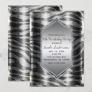 Invitación Cumpleaños con Estampado de Cebra Negro Plateado E