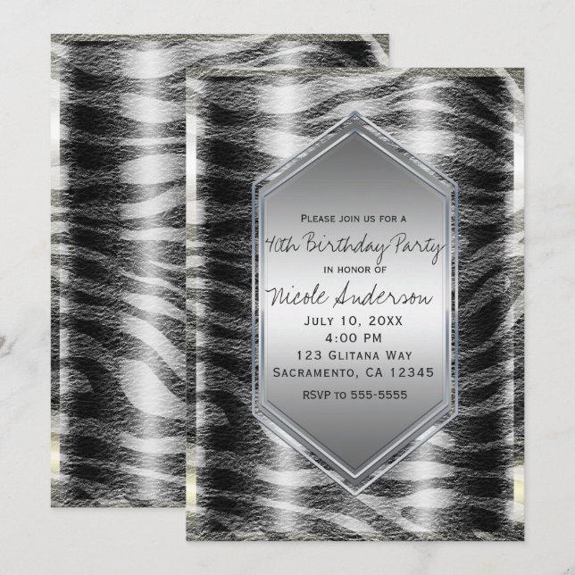 Invitación Cumpleaños con estampado de cebra negro plateado F (Anverso / Reverso)