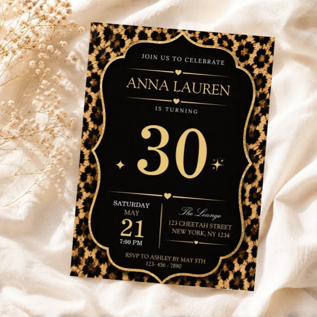 Invitación Cumpleaños con estampado de leopardo Cheetah negro (30th birthday invitation, cheetah print invite, leopard birthday invite, black gold invitation, glam)