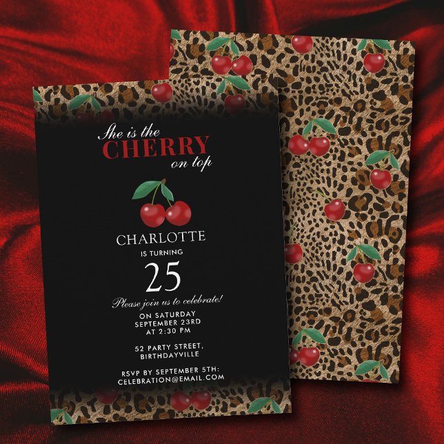 Invitación Cumpleaños con Estampado de Leopardo Guepardo y Ce (Leopard Cheetah Print Cherry On Top Birthday Invitation)