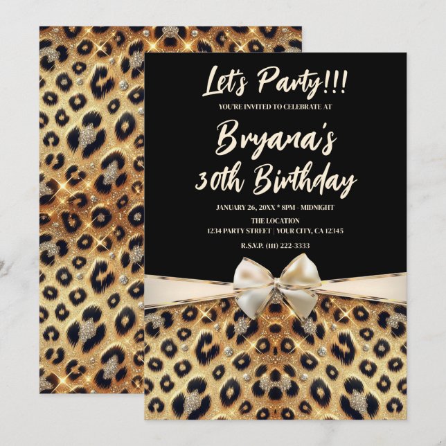 Invitación Cumpleaños con Estampado de Leopardo Negro y Brill (Anverso / Reverso)
