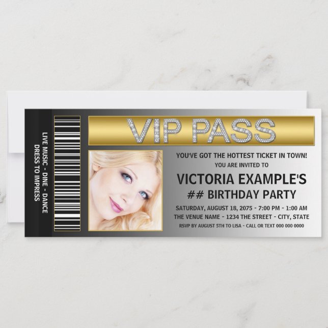 Invitación Cumpleaños con estilo de entrada de pase VIP (Anverso)
