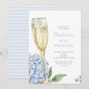 Invitación Cumpleaños con Floraciones de Hortensias Azules