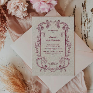 Invitación Cumpleaños con Floral Antigua de Borgoña Antiguo