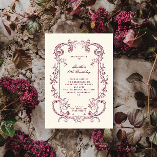 Invitación Cumpleaños con Floral Antigua de Borgoña Vintage
