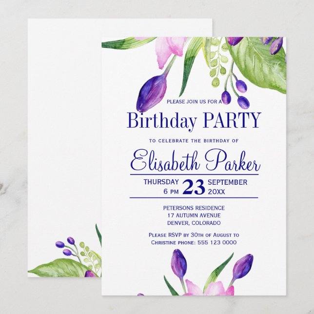 Invitación Cumpleaños con flores de acuarela rosadas y azules (Anverso / Reverso)