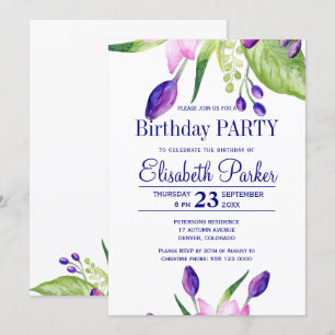 Invitación Cumpleaños con flores de acuarela rosadas y azules