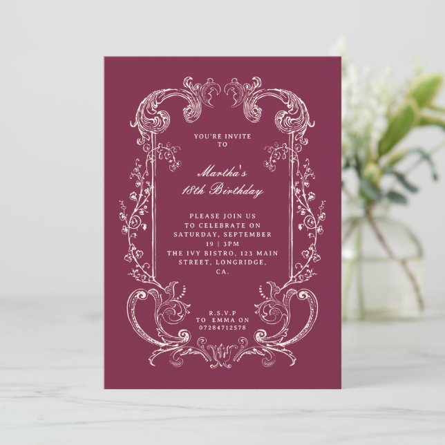 Invitación Cumpleaños con flores de Borgoña antiguas (Anverso de pie)