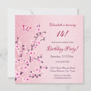 Invitación Cumpleaños con flores de cerezo glitter rosa