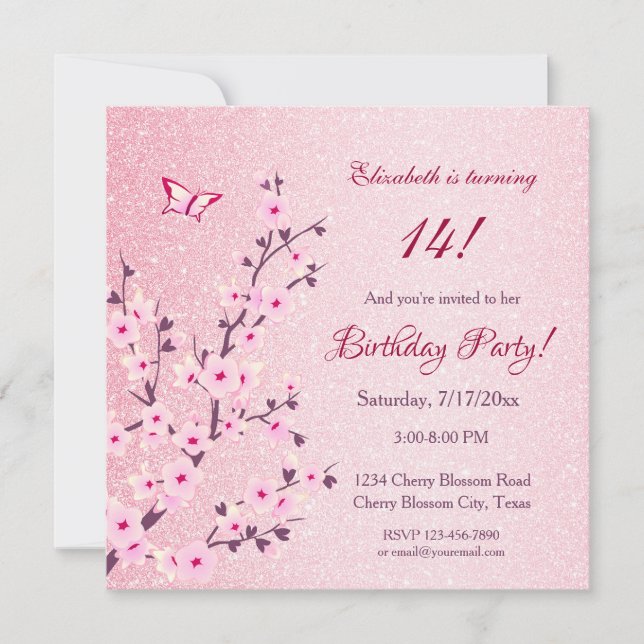 Invitación Cumpleaños con flores de cerezo glitter rosa (Anverso)