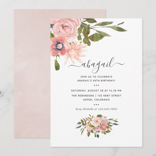 Invitación Cumpleaños con flores en acuarela y rosa dorado (Anverso / Reverso)