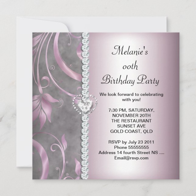 Invitación Cumpleaños con flores rosa blanco gris (Anverso)