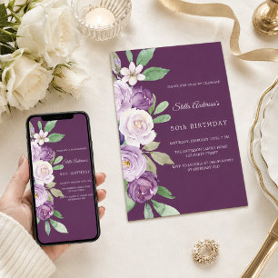 Invitación Cumpleaños con flores violetas moradas