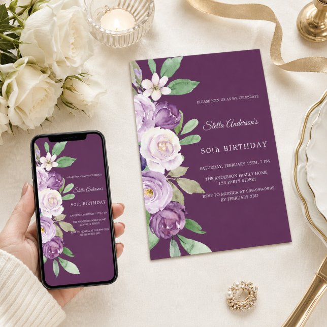 Invitación Cumpleaños con flores violetas moradas (Subido por el creador)