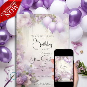 Invitación Cumpleaños con flores y globos de lila en acuarela