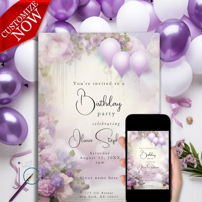 Invitación Cumpleaños con flores y globos de lila en acuarela (Easy to customize text )