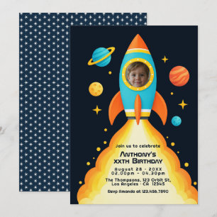 Invitación Cumpleaños con foto de cohete espacial personaliza
