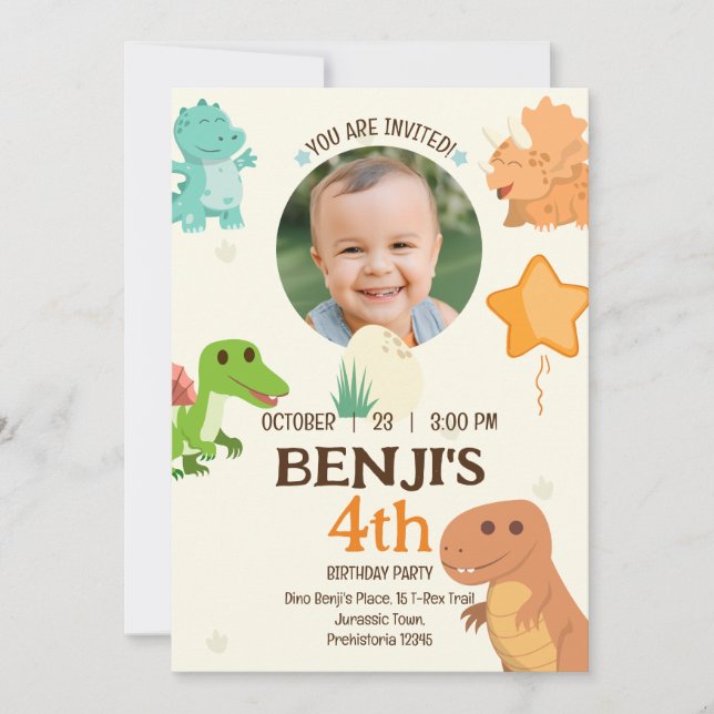 Invitación Cumpleaños con foto de dinosaurio amarillo pálido  (Anverso)