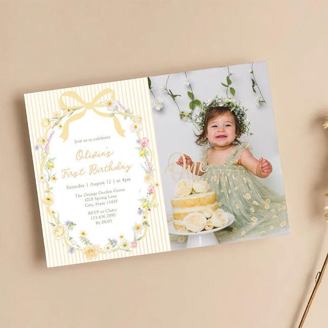 Invitación Cumpleaños con foto de lazo amarillo y rayas flora (Subido por el creador)