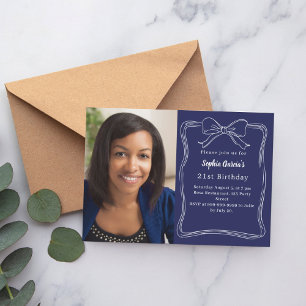 Invitación Cumpleaños con foto de lazo dibujado a mano azul m