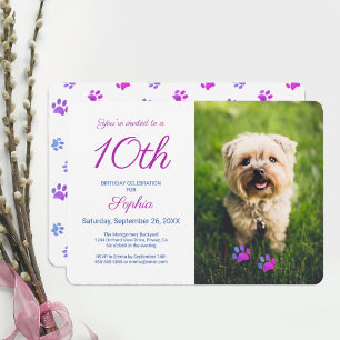 Invitación Cumpleaños con Foto de Mascota con Huellas de Pata
