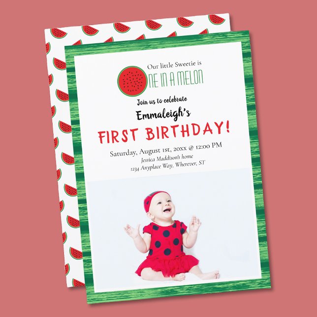 Invitación Cumpleaños con foto de sandía One in a Melon (Subido por el creador)
