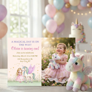 Invitación Cumpleaños con Foto de Unicornio Mágico y Princesa