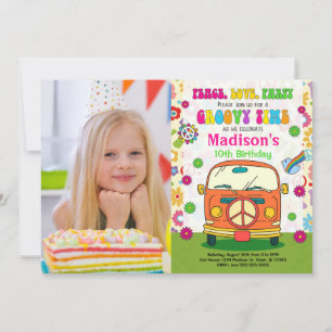 Invitación Cumpleaños con foto temática de furgoneta hippie d